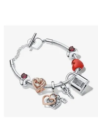 Pandora Silver & Rose Gold Heart Love Lock Charm Bracelet 
