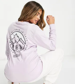 Columbia Cades Cove long sleeve back print t-shirt in lilac Exclusive at ASOS