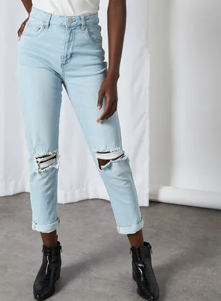 Distressed Pattern Boyfriend Fit Mid Rise Jeans Brooklyn Blue Rip 