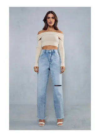 Boyfriend Fit Slash Detail Baggy Jeans 
