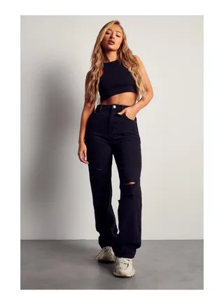 Black Wide Leg Distressed Boyfriend Jean 
