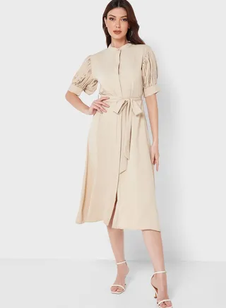 Pleated Puff Sleeve Detail Dress
