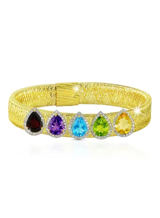 18 Karat Solid 0.64 ct Gold Genuine Diamonds And Multi Gemstones Mesh Bracelet 