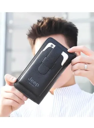 A modern black men's pocket wallet with a mobile phone case 