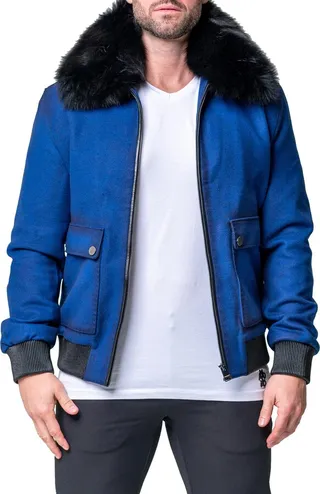 Leather Trim Jacket with Faux Fur Collar