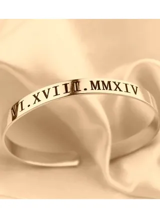 Silver 925 Personalized Roman Numeral Cuff Bracelet 