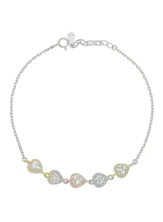 Sterling Silver 925 Tri-Tone Heart Shaped Solitaires Bracelet - FKJBRLSL2318 
