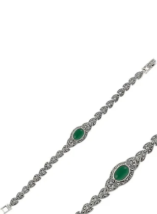 925 Silver-Green Agate & Marcasite Bracelet-High-Quality Jewelry in UAE Dubai 100% Precious Metal Gift for Women-EMNON89BR-B98630 
