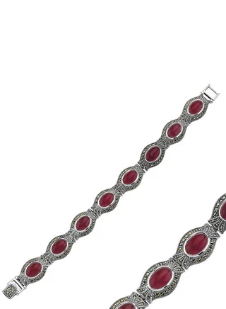 925 Silver- Natural Marcasite & Red Agate Bracelet-High-Quality Jewelry in UAE Dubai 100% Precious Metal Gift for Women-EMNON80BR-B106203 