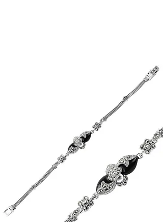 925 Silver Natural Marcasite & Natural Black Onyx Bracelet -High-Quality Jewelry in UAE Dubai 100% Precious Metal Gift for Women-EMNON77BR-B101436 
