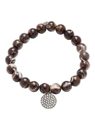 Black Rhodium Mother Of Pearl and Diamond Small Beaded Bracelet for Women One Size 
