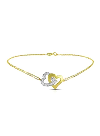 18K Solid Gold And 0.15Cts Diamonds Interlocking Hearts Double Link Bracelet 