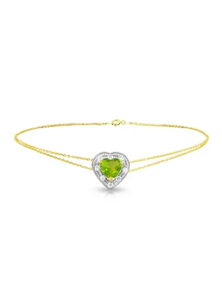 18K Solid Gold And 0.08Cts Diamonds And 5mm Genuine Peridot Heart Bracelet 