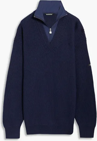 Shell-paneled ribbed wool half-zip sweater