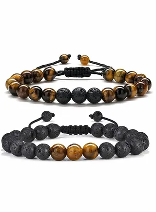 Men's Bracelets-Bracelet, Beaded Bracelet, 8mm Tiger Eye Lava Stone, Stress Relief Adjustable Tiger Eye Bracelet Aroma Essential Oil Diffuser Lava Bracelet Men’s Gift 