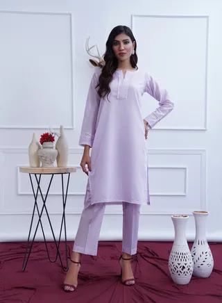 Paper Cotton Two Piece: Elegant Solid Purple Ensemble with Front Lace Detailing 