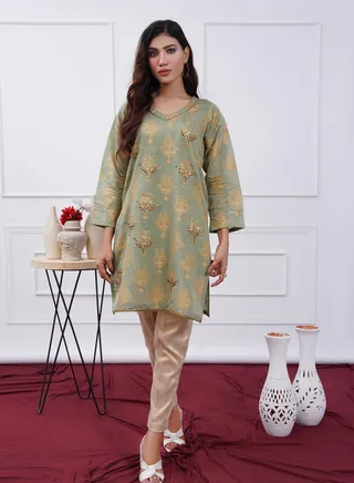 Cotton Satin Embellished Two Piece: Elegant Green Ensemble with Printed Design, V-Neck, and Masori Skin Color Trouser for All Seasons 
