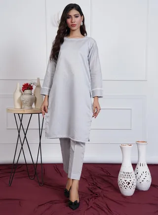 Paper Cotton Two Piece: Elegant Silver Ensemble with Boat Neck and Embroidered Lace on Sleeves and Front 