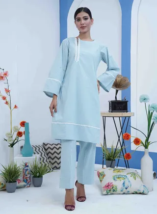 100% Cotton Two Piece: Captivating Blue Elegance with Boat Neck, Side Cut, and Embroidered Lace 