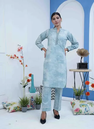 100% Cotton Embellished Two Piece: Stunning Blue Ensemble with Collared Neck and Beautiful Sleeve Design 