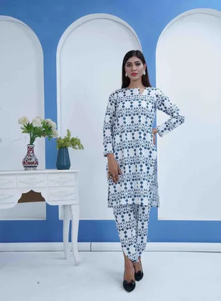 100% Cotton Two Piece: Blue and White Elegance with Boat Neck and V-Cut, Adorned with Small Plants Print 