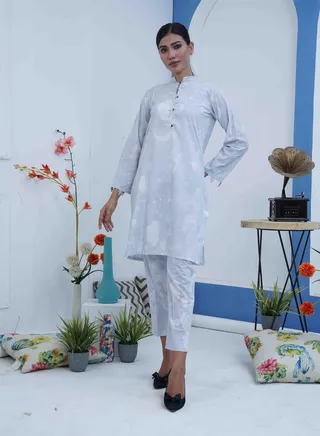 100% Cotton Two Piece: Serene Blue Elegance with Collared Neck and Night Theme Print 