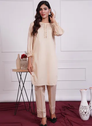 Paper Cotton Two Piece: Regal Golden Elegance with Boat Neck and Embroidered Lace on Sleeves and Front 