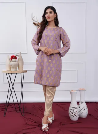 Cotton Satin Two Piece: Regal Purple Ensemble with Boat Neck and Masori Golden Trouser for All Seasons 