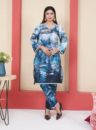 Pure Cotton Two Piece: Enchanting Blue Forest Elegance Printed with Embroidered Lace and V-neck 