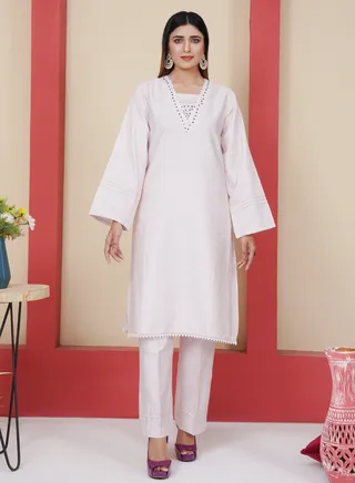 Pure Cotton Embellished Two Piece: Elegant Skin-Toned Grace with Embroidered Lace and Square Neck 