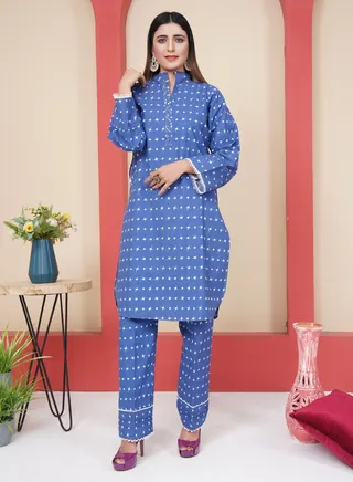 Pure Cotton Embellished Two Piece: Blue Starry Elegance with Embroidered Lace on Sleeves and Trouser 