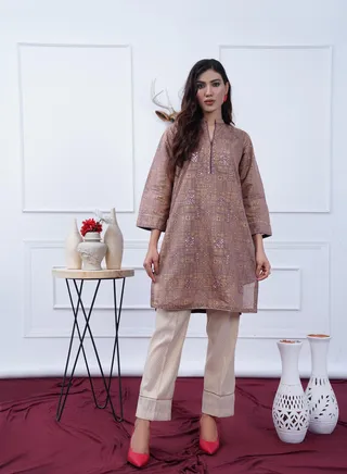 Cotton Satin Two Piece: Regal Purple Ensemble with Printed Design, Collared Neck, and Masori Skin Color Trouser for All Seasons 