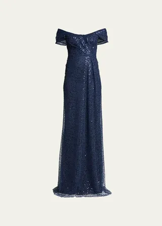 Beaded Tulle Draped Off-Shoulder Gown