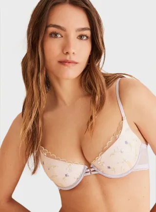 Embroidered Strappy Cami Plunge Bra 