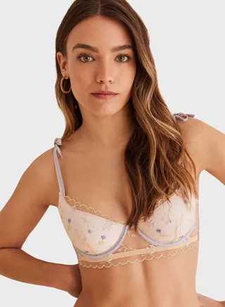 Emboridered Strappy Shoulder Padded Bra 