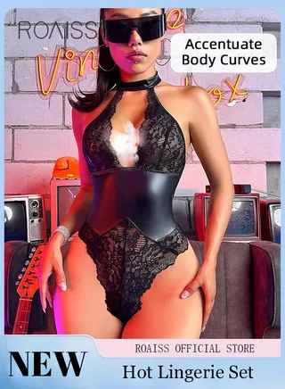 Halterneck Deep V Lingerie for Women Lace Tight Waist Backless See Through Outfit Bodysuit Ladies Hollow Teddy Babydolls Underwear Bunny Girl Cosplay Costumes Boudoir Outfits 