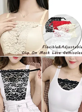 3pcs Women's Lace Clip-on Faux Camisole, Privacy Invisible Bra Women's Lace, Women's Overlay Modest Tank Top (Black, White, Flesh) 