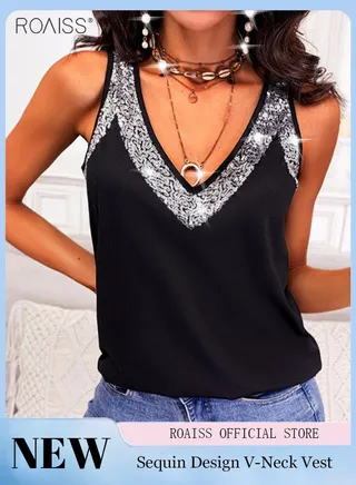 Women's V Neck Tank Tops Sparkling And Eye-Catching Embellishments With Sequins At The Neckline Stylish Loose Sleeveless Top With Classic Versatility 