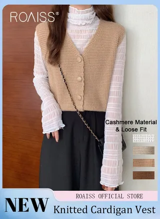 Women Knitted Vest Short Length Open Front Sleeveless Cardigan with V Neck Design Loose Fit Fashionable and Versatile for School and Commuting 