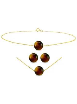 18k Gold Tiger Eye Beads Jewelry Set 