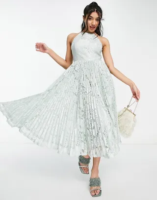ASOS DESIGN pinny midi prom dress in pleated lace in sage