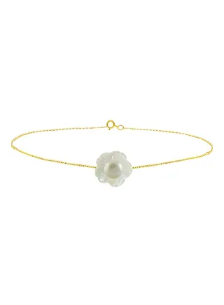 18 Karat Solid Yellow Gold Mother Of Pearl Shell With 4 mm Pearl Chain Bracelet 