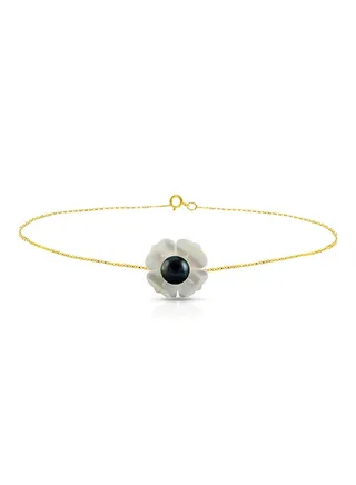 18 Karat Solid Yellow Gold 13 mm Mother Of Pearl Flower Shape With 4 mm Pearl Chain Bracelet 