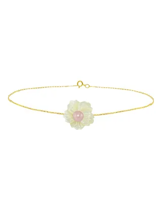 18 Karat Solid Yellow Gold 19 mm Flower Shape Mother Of Pearl With 6-7 mm Pearl Chain Bracelet 