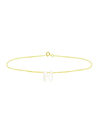 18 Karat Gold N Letter Mother Of Pearl Chain Bracelet 