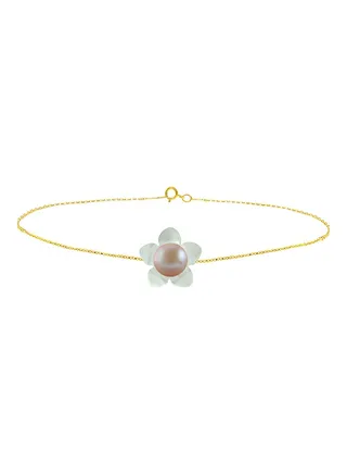 18 Karat Solid Yellow Gold 13 mm Mother Of Pearl Flower Shape With 7 mm Pearl Chain Bracelet 