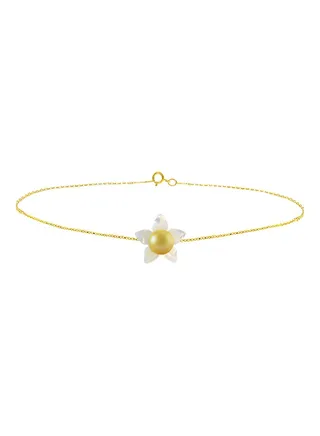 18 Karat Solid Yellow Gold 10 mm Mother Of Pearl Flower Shape With 4 mm Pearl Chain Bracelet 