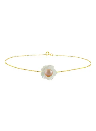 18 Karat Solid Yellow Gold Mother Of Pearl Shell With 4 mm Pearl Chain Bracelet 