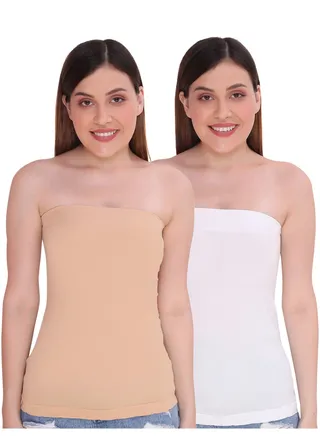 Women's Strapless Stretchable Long Bandeau Tube Top Camisole, Pack Of 2, Beige/White 
