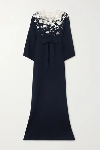 Oscar de la Renta - Belted Embellished Tulle-trimmed Stretch-silk Crepe Maxi Dress - Blue